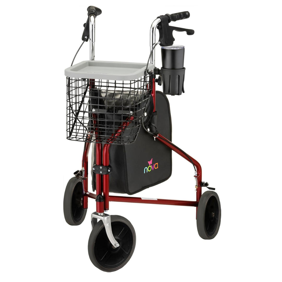 The Nova Medical 4900 Traveler 3 Wheel Rollator Walker features all-terrain 8” wheels, feather-touch brakes, a wire basket, black pouch, cup holder, gray tray, and ergonomic handles for smooth mobility assistance.